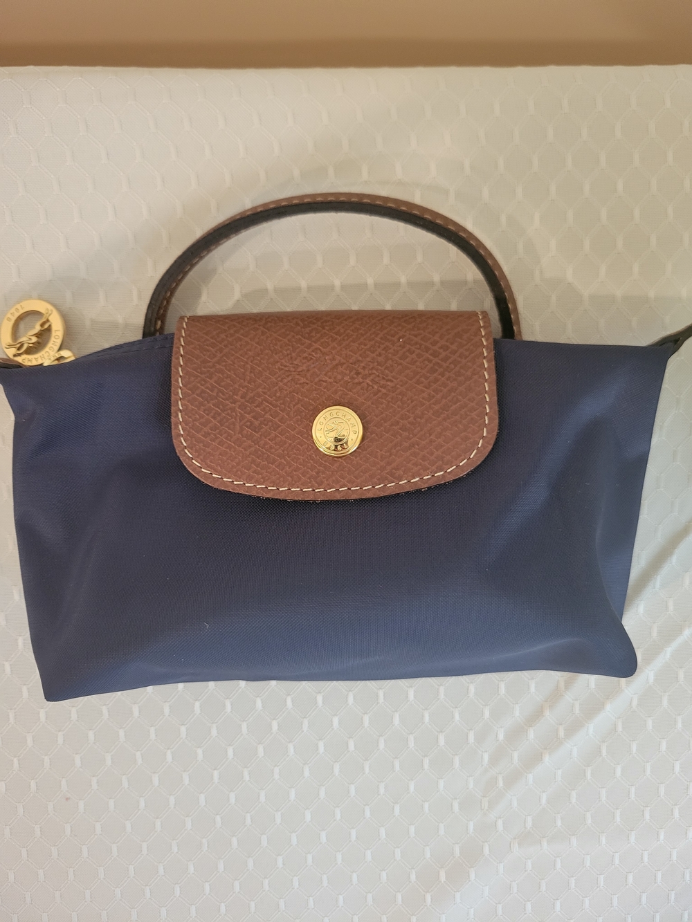 Longchamp Mini Top-Handle Pounch Navy and Brown Leather - Picture 3 of 8